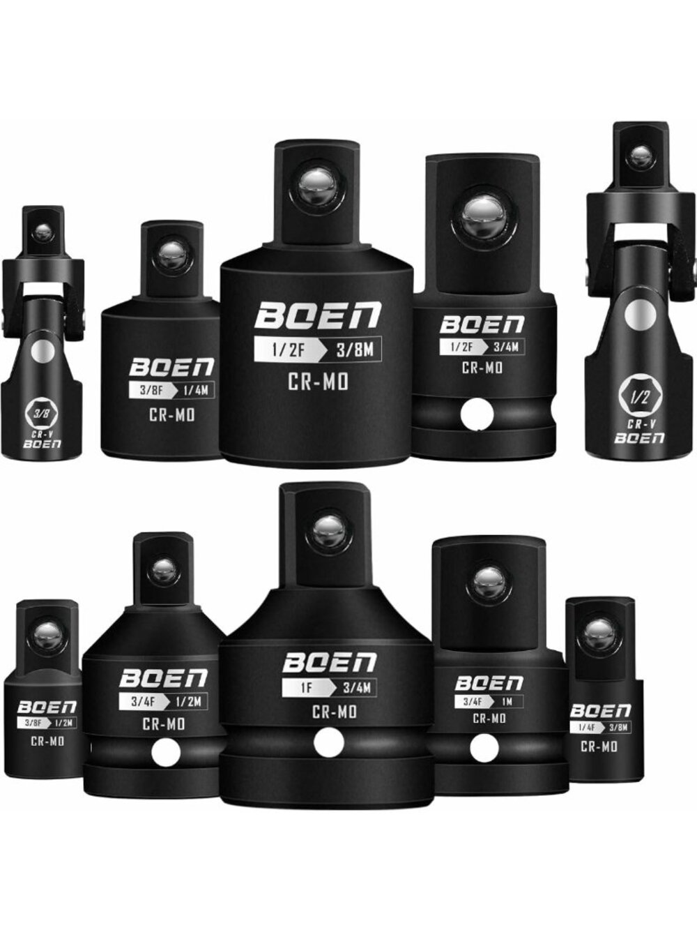 10-Piece Impact Socket Adapter Set, SAE 1/4" 3/8" 1/2", CR-MO Steel Wrench Kit